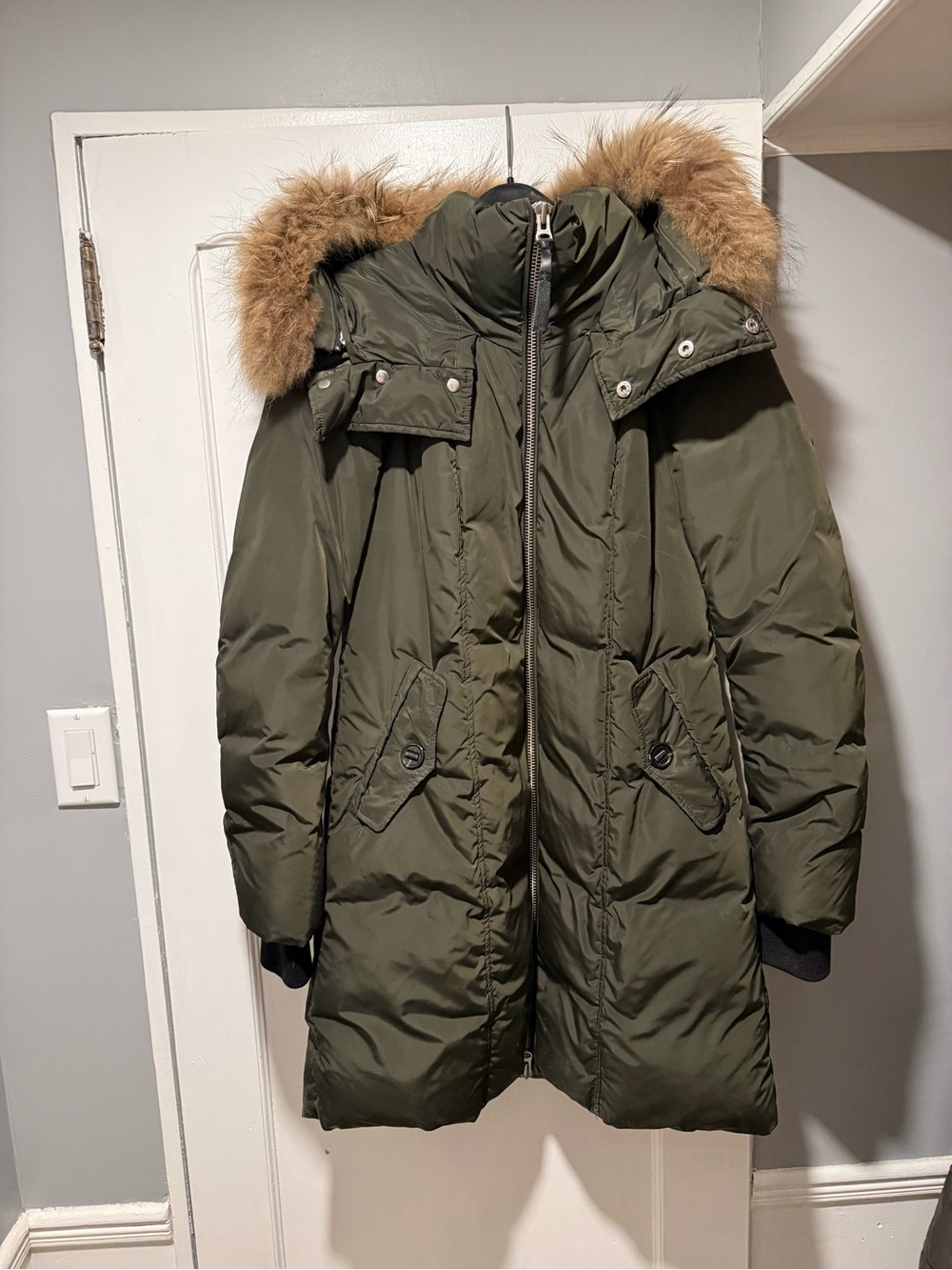 Mackage Olive Green Down Puffer Coat with Faux-Fur Trim